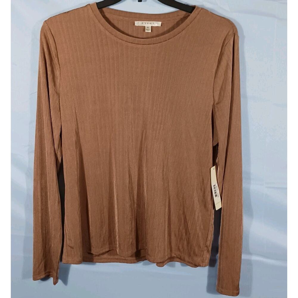 Cyrus Top Women's XL Tan Ribbed Long Sleeve Round Neck Silky NWT